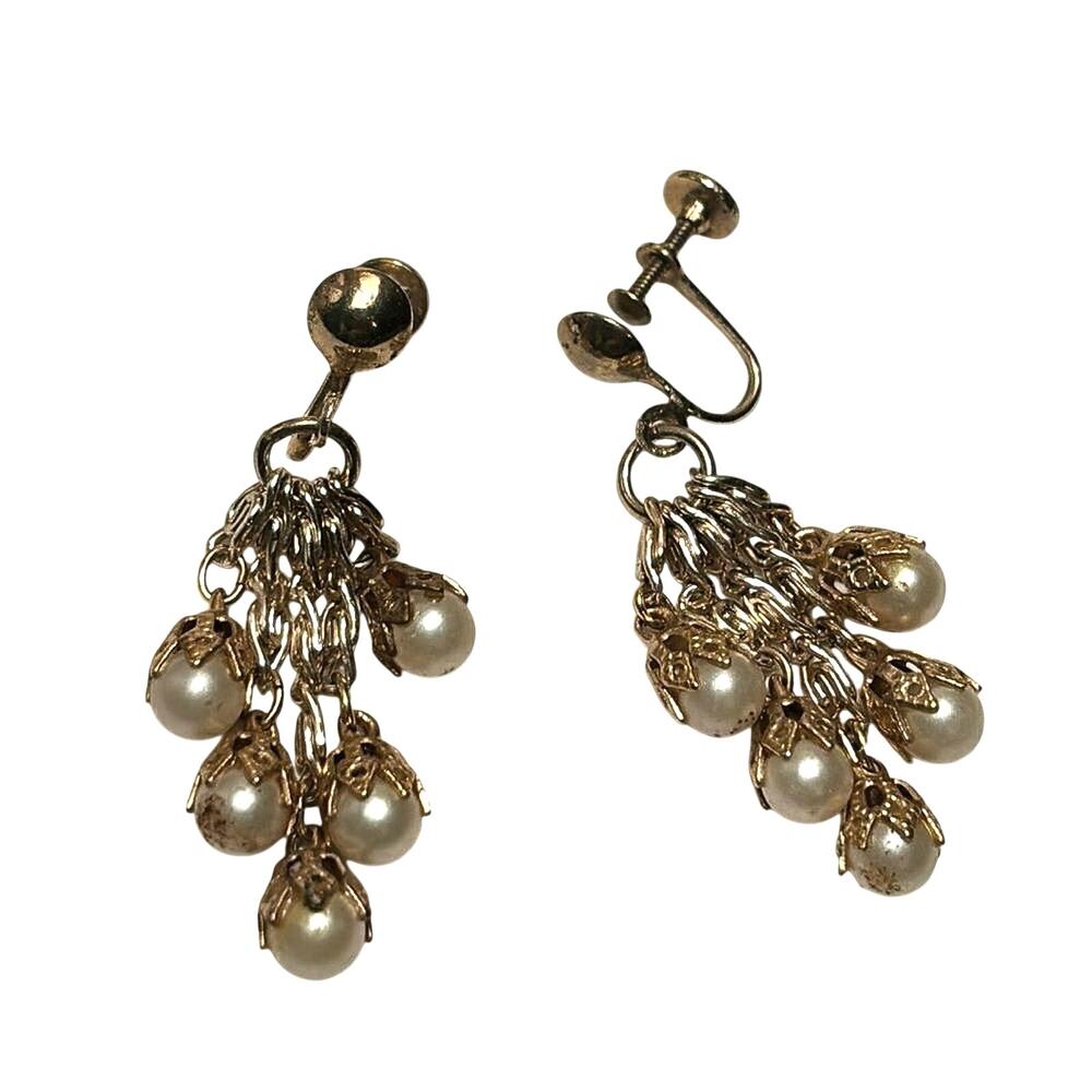 Vintage Faux Pearl Dangle Screw Back Earrings Gold Tone Cluster Fringe